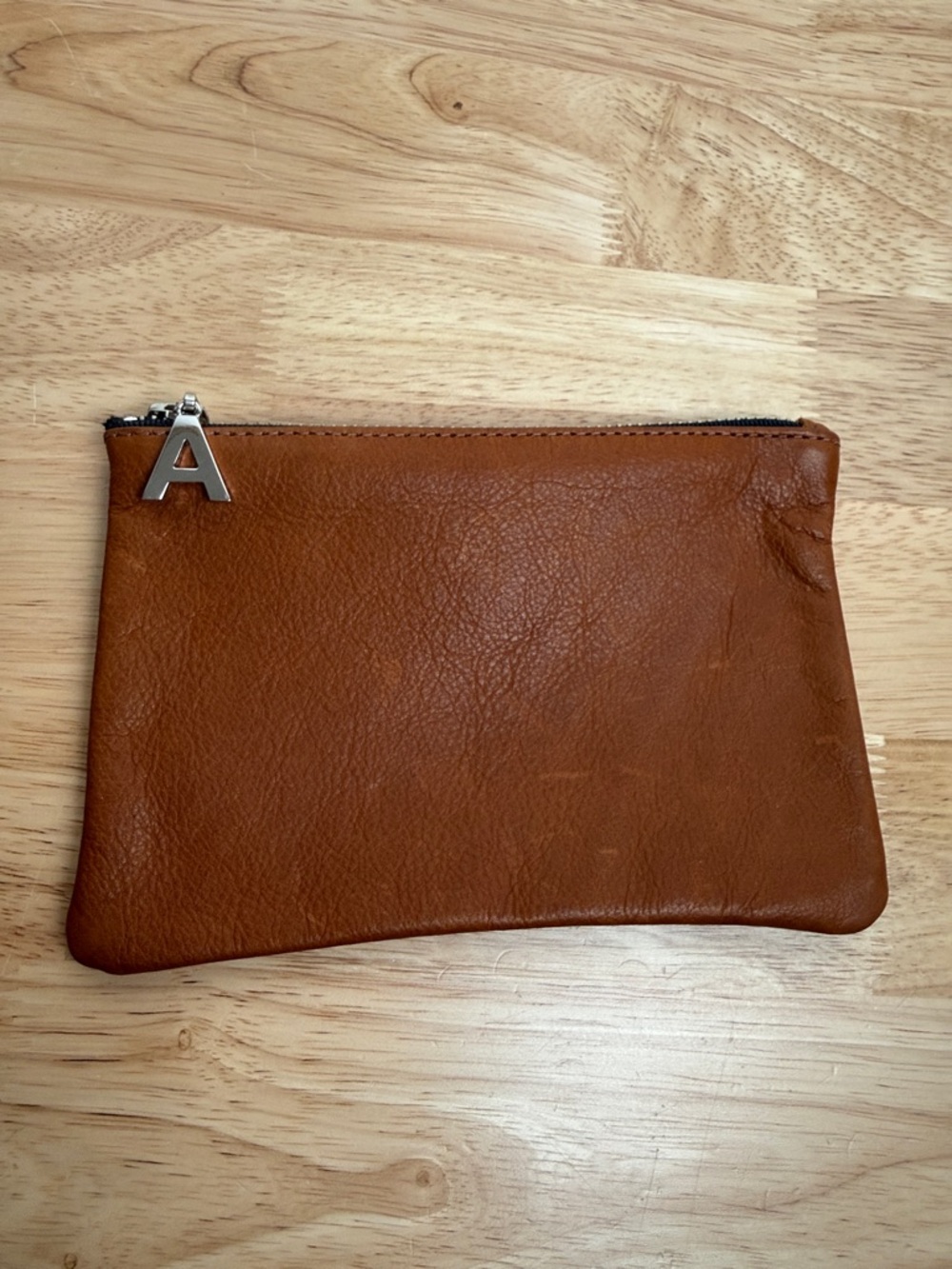 Leather Zip Pouch in Cognac Brown - A Initial Charm
